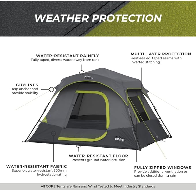 CORE 4 Person Instant Cabin Tent Camping Set | Includes 1 Pop Up Tent with 60 Second Setup, 1 Outdoor Table & 2 Camp Chairs | Perfect for Family Car Camping with Included Carry Bag