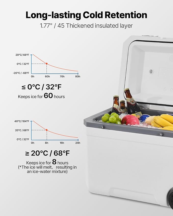 VEVOR Ultra-Light Hard Cooler, Ice Retention Cooler with Heavy Duty Handle, Ice Chest Lunch Box for Camping, Travel, Outdoor, Keeps Cool for up to 6 Days, 30% Lighter Than Rotomolded Coolers