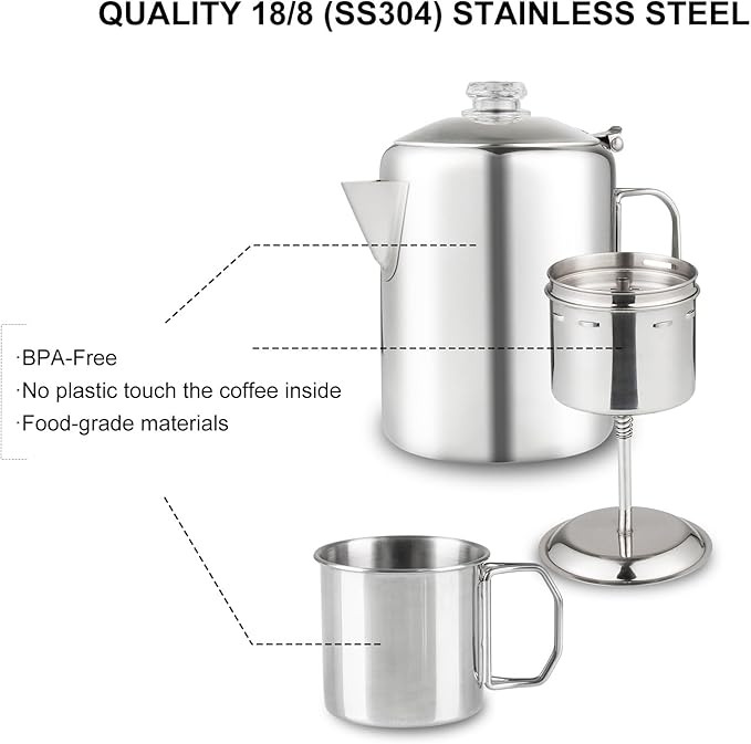 Coffee Percolator Bundle with 2 Mugs Stainless Steel Coffee Maker with Heat Resistant Tough Glass Knob & Foldable Handle Using on any Stovetop Outdoor Camping NO Aluminum NO Plastic (8 Cup)