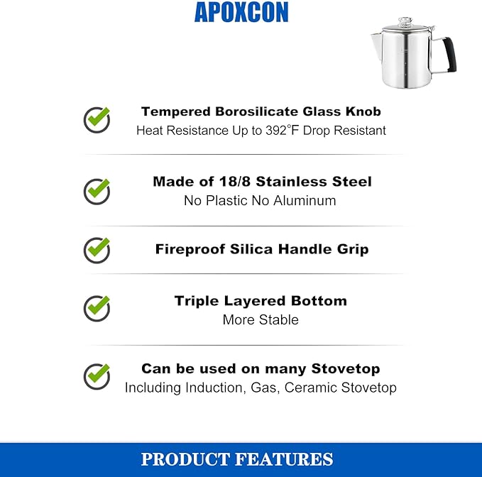 Multi Use Percolator Coffee Pot Stainless Steel Stove Top Coffee Maker with Two Tough Borosilicate Glass Knob Silica Handle Camping Coffee Pot Using on Campfire Stove & Induction Cooker Silver 6 Cup