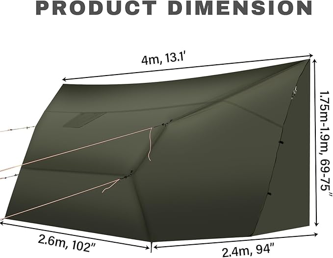 Onewind Penumbra Hot Tent, 14ft Camping Hammock Tarp for 4-Season, Waterpoof and Flame Retardant Hammock Rain Fly with Stove Jack for Winter, Outdoor Camping, OD Green