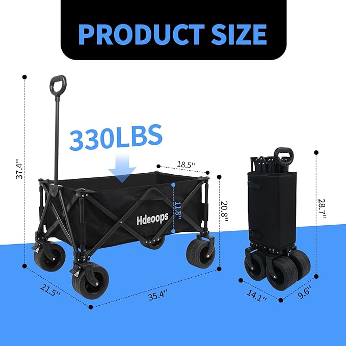 Collapsible Wagon Cart Foldable with Big All-Terrain Beach Wheels, Heavy Duty Folding Utility Wagon, 330lbs Weight Capacity Garden Cart for Shopping, Camping, Gardening, Sports Travel and Beach