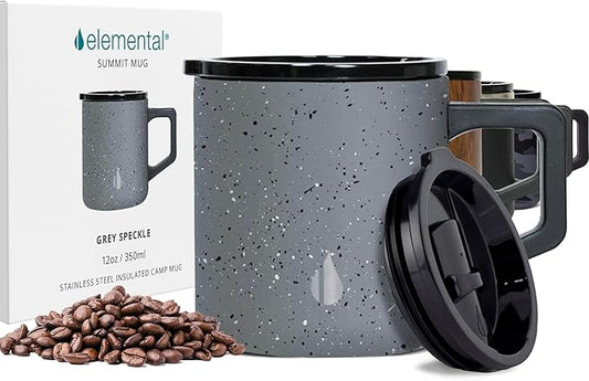 Elemental Insulated Coffee Mug - Triple-Wall Stainless Steel Summit Travel Cup for Hot and Cold Drinks - Thermal Coffee Mug with Lid and Handle for Camping, Office & Travel 12oz - Grey Speckle