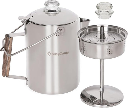 KingCamp Percolator Coffee Pot Campfire Coffee Boiler Kettle 304 Stainless Steel with Wood Handle for Outdoor Camping Cookware, Cabin, RV, Kitchen, Hunting & Backpacking, NO Aluminum or Plastic 9 Cup