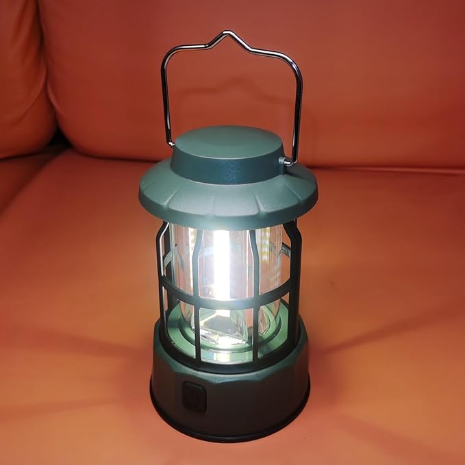 Camping Lantern Vintage Camp Light Dimmable USB C Rechargeable Portable Hanging Tent Retro COB Lights for Power Outages, Survival, Hiking, Bar (5.4 in Height, Green)