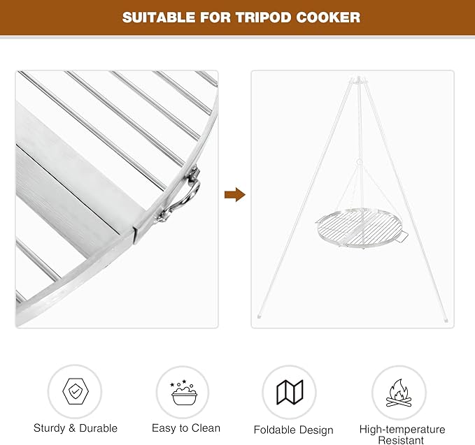 REDCAMP Foldable Fire Pit Cooking Grill Grate 17 Inch, Campfire BBQ Grill with Portable Handle & Support Wire, Heavy Duty Stainless Steel Round Campfire BBQ Grill for Outdoor Picnic Party & Gathering