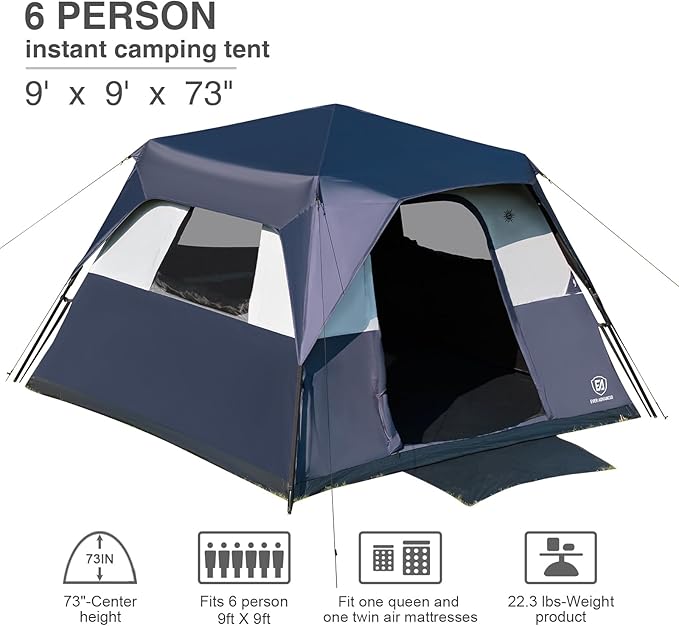 EVER ADVANCED 6 Person Blackout Camping Tent Instant Cabin Tents for Family with Rainfly, 60s Easy Setup, Water-Resistant