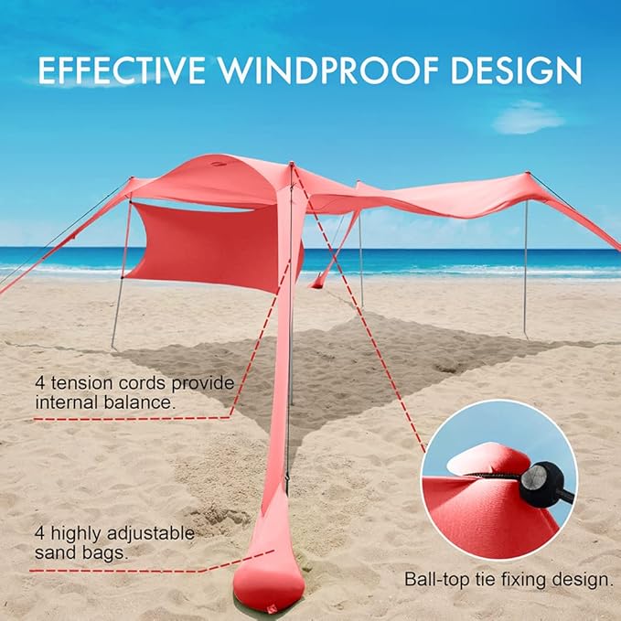 Beach Canopy Tent Shade with Sidewalls 10x10FT, 6.6FT Tall, UPF50+ Sun Shelter, Windproof & Water Resistant, Includes Guylines Sand Shovel Stability Poles, Easy Up for Beach Outdoor Camping Backyard