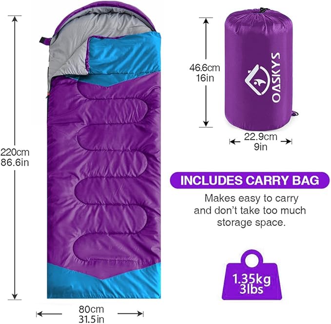 oaskys Camping Sleeping Bag - 3 Season Warm & Cool Weather - Summer Spring Fall Lightweight Waterproof for Adults Kids - Camping Gear Equipment, Traveling, and Outdoors