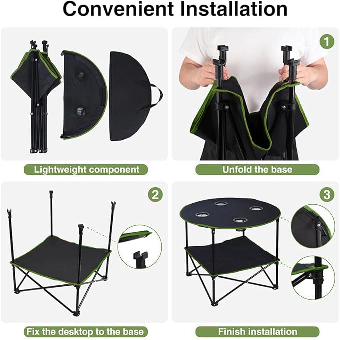 LEADALLWAY Camping Tables That Fold Up Lightweight Portable Outdoor Table with 4 Cup Holders and Carrying Bags for Outdoor Picnic,Barbecue,Travel,Fishing(Black+Army Green)