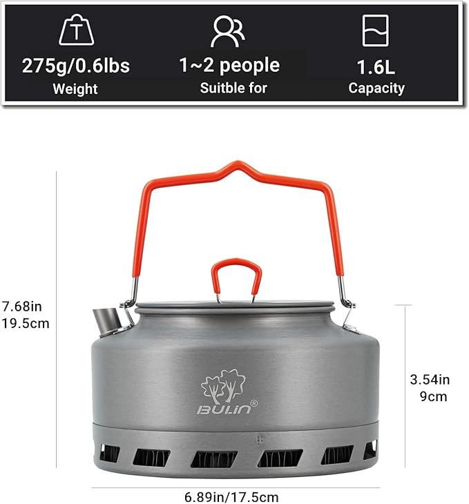 Bulin Camping Kettle 1.6L Heat Exchange Camp Tea Coffee Pot Lightweight Outdoor Hiking Gear Portable Teapot