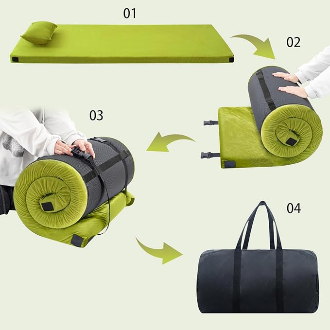 3 Inch Thick Memory Foam Sleeping Pad Camping Mattress,Portable Roll up Mattress-Car/Tent/Cot/Floor,Comfortable Sleeping Mats for Guests Kids Adult Sleepover