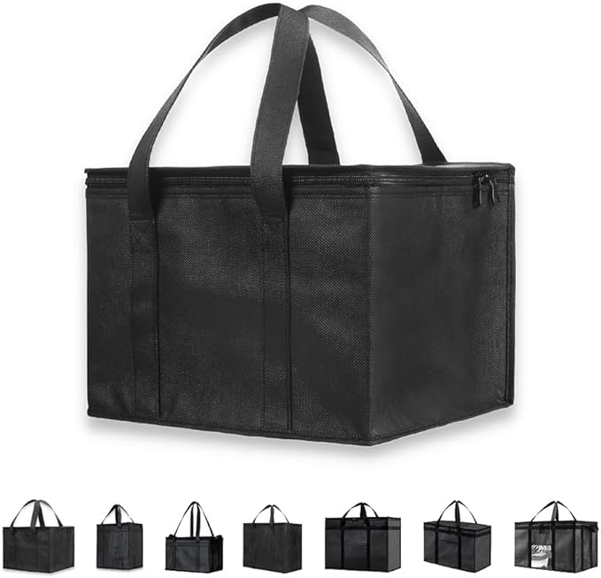 NZ home Insulated Cooler Bag and Food Warmer (Small, 2 pack) for Food Delivery & Grocery Shopping with Zippered Top, Black