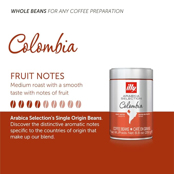 illy Whole Bean Coffee - Perfectly Roasted – Colombia Medium Roast – Smooth Taste, Notes of Fruit – Fruit Notes - 100% Arabica Beans - No Preservatives – 8.8 Ounce