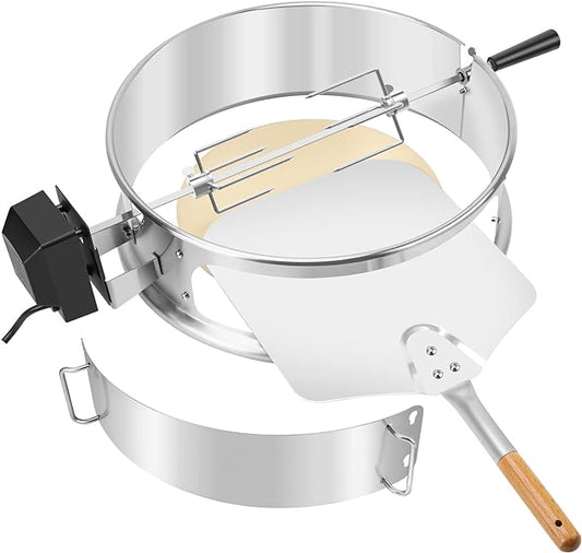 onlyfire Stainless Steel Multi-Purpose Rotisserie and Pizza Combo Kit for Weber 18" and Other Similar Kettle Grills - Include Pizza Peel and Pizza Stone