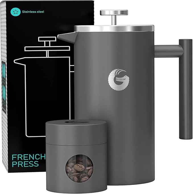 Coffee Gator French Press Coffee Maker - 34oz Double Insulated Stainless Steel Brewer plus Travel Jar Canister, Portable Hot Cold Brew Teapot Cafetera for Coffee Bar Accessories Kitchen Camping, Gray