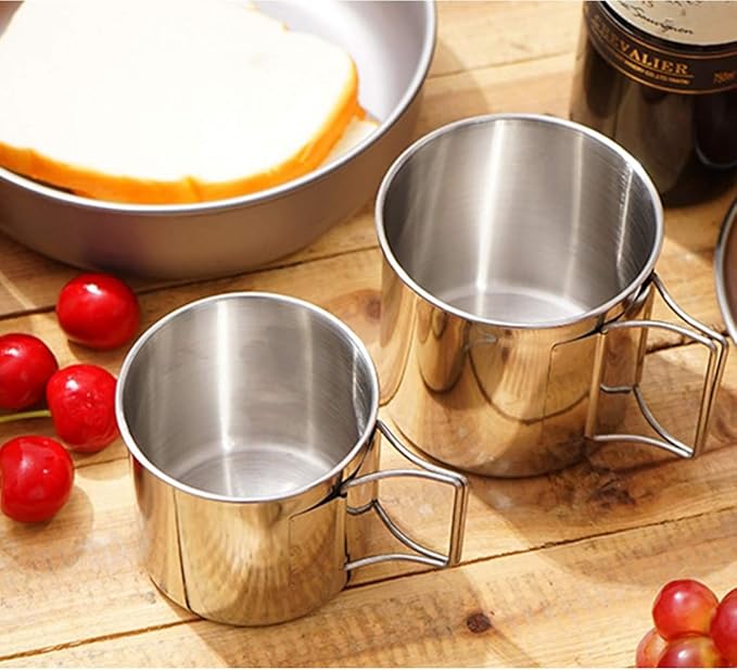Camping Campfire Mug with Handle, Folding Big Stainless Steel Cup 4 Piece Set Backpacking Gear for Hiking, Hunting, Fishing and Survival Adventure.