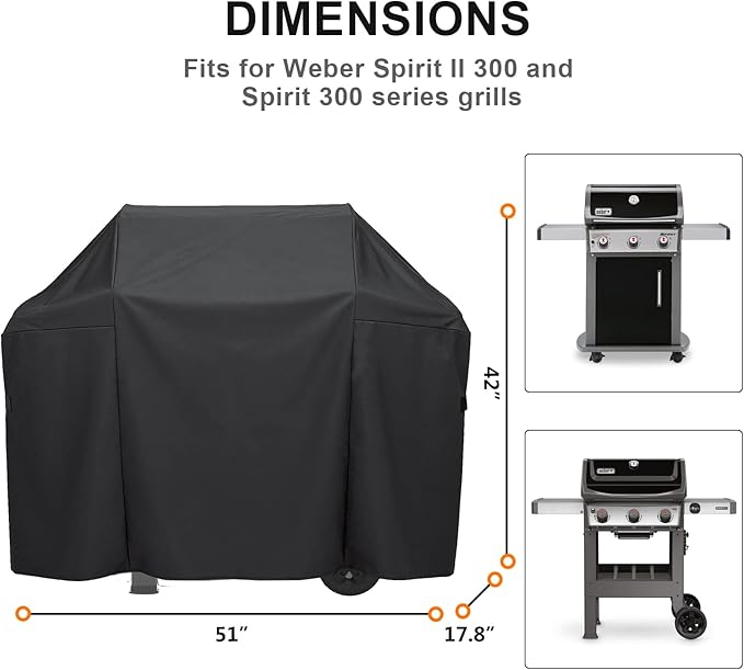 Grisun 7139 Grill Cover for Weber Spirit 300 Grills, Spirit 310, E310, S310, E330 and E315, Waterproof and UV-Resistant Gas Grill Cover, Heavy Duty BBQ Cover, 51 inches, Black