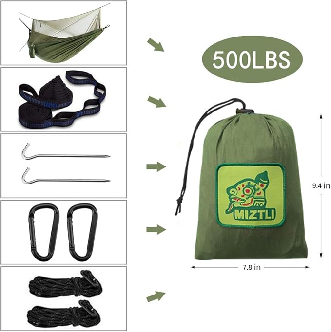 Miztli Camping Hammock with Net and Rain Fly, Portable Lightweight Outdoor Hammock Tree Travel Backpacking Hammock Tent with 20Ft(Total) Tree Straps, Perfect for Camping Hiking Yard Adventure Survival