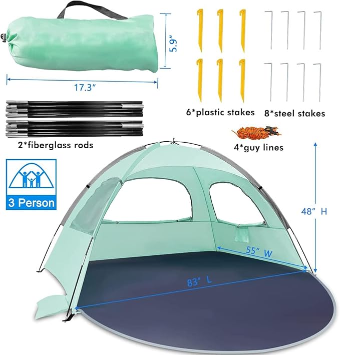 WhiteFang Beach Tent Anti-UV Portable Sun Shade Shelter for 3/4/6/8 Person, Extendable Floor with 3 Ventilating Mesh Windows Plus Carrying Bag, Stakes and Guy Lines