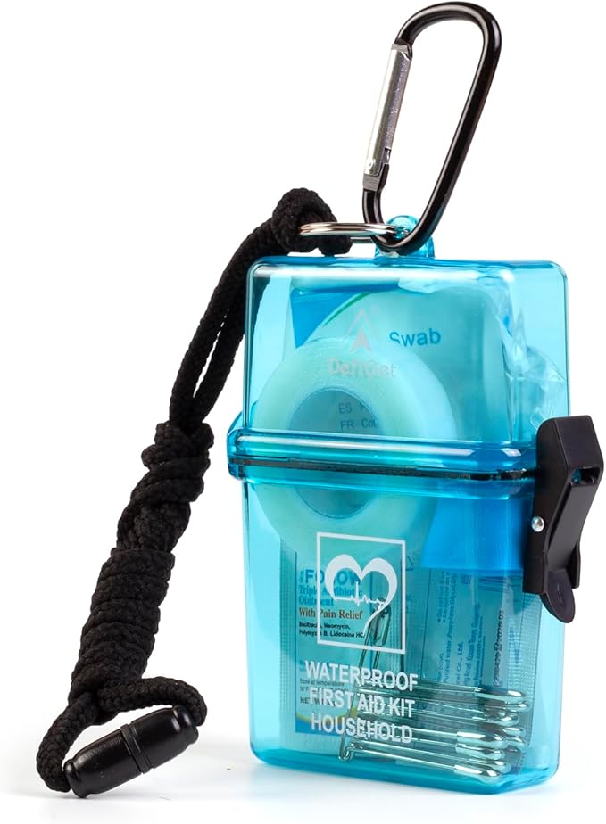 DEFTGET Waterproof First Aid Kit Travel Essentials HSA/FSA Eligible Small Emergency Survival Kits Mini Durable Lightweight for Minor Injuries Camping Hiking Backpacking (Aqua-Blue)
