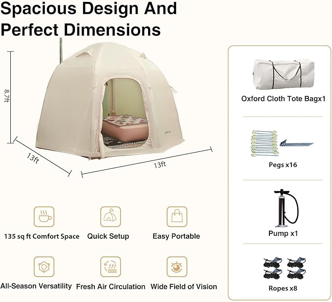 2025 Upgraded 100% Waterproof Inflatable Camping Tent, Large Blow-Up Air Tent, No Assembly Needed Luxury Glamping House, Oxford Fabric