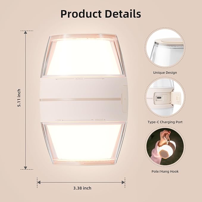 Twist Light LED Ambient Lighting with Hook, 520 Lumens 3 Colors Adjustable Mood Lighting Present Light Rechargeable Lantern for Bedroom Decor, Camping, Party, Travel, Home Essentials
