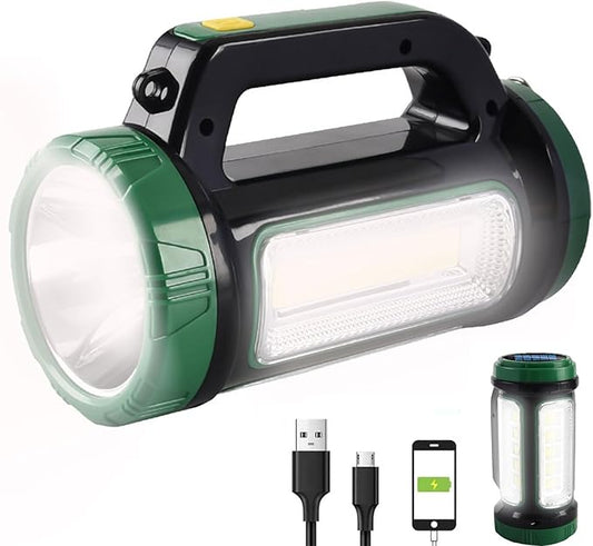Solar LED Searchlight Spotlights, Rechargeable Super Bright 10000LM Handheld Spotlight Lantern, Multifunctional LED Lamp Camping Work Light, 6 Light Modes, Power Bank, IPX4 Waterproof