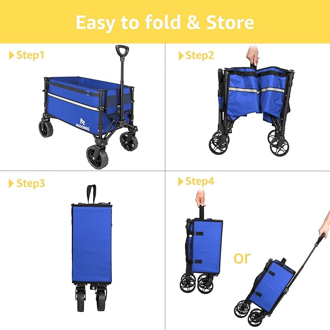Collapsible Wagon Cart with Wheels Foldable - Folding Utility Heavy Duty Wagons Carts for Grocery Sports Garden Shopping Camping Blue