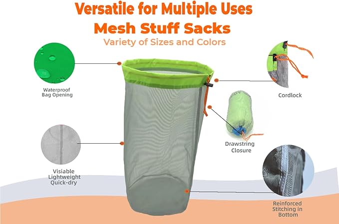 Small to XXlarge 5 Pcs Drawstring Mesh Stuff Sack, Ditty Bags Storage Pouch Bags Sleeping Bag for Travel Camping Hiking, Ultralight, Set of 5