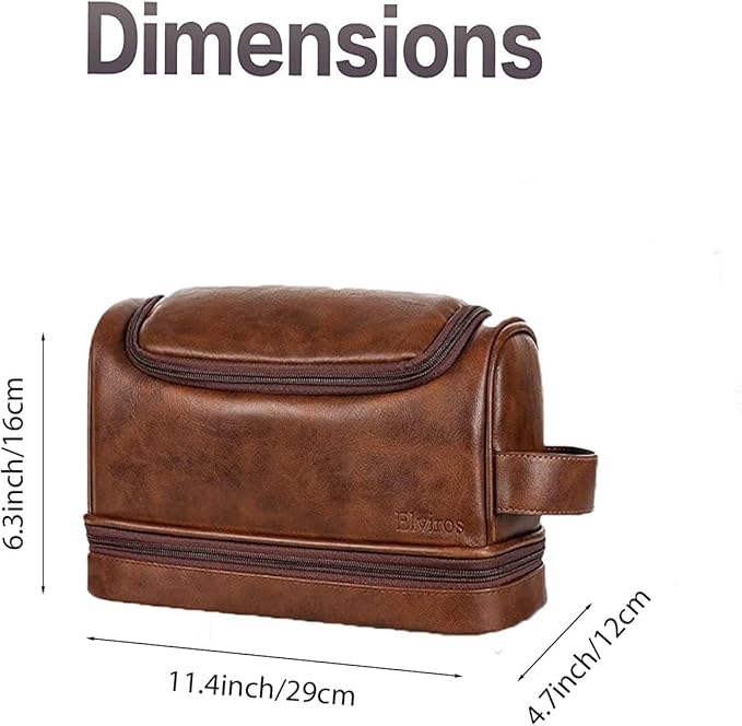 Elviros Toiletry Bag for Mens PU Leather Travel Organizer Kit with Hanging hook, Large Water-resistant Toiletries Bathroom Shaving Bags (Dark Brown)