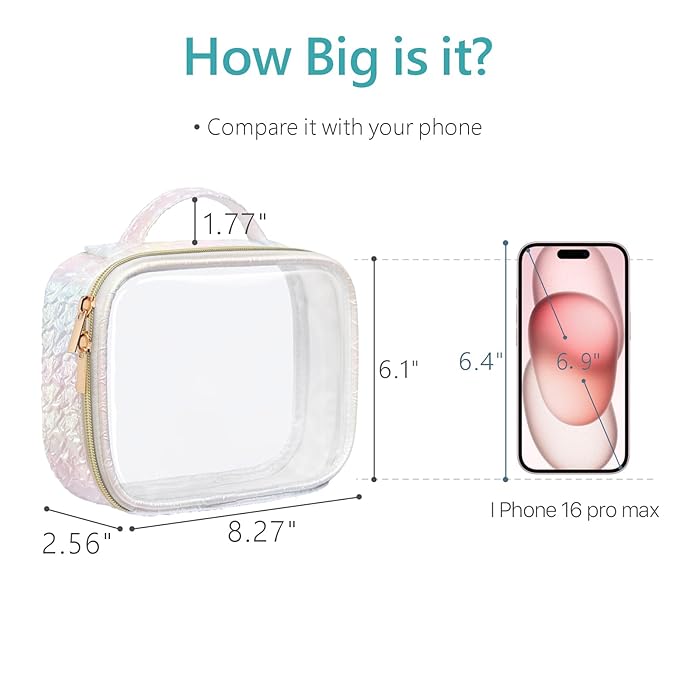 PACKISM TSA Approved Toiletry Bag - Ruched Textured Clear Makeup Bag, Iridescent White, with 180° Large Opening and Supporting Frame, Perfect for Travel Essentials, Thick No Smell