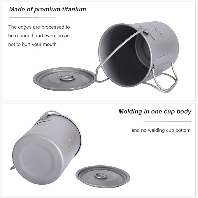 iBasingo 750ml Titanium Mug Camping Hanging Pot with Lid Ultralight Outdoor Travel Tea Coffee Water Cup Portable Hiking Picnic Backpacking Cooking Kit with Foldable Handle Ti3038D
