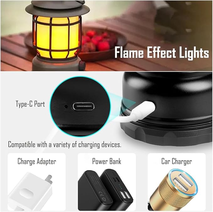 Rechargeable Camping Lantern, Flame Decorative Table Lamp, 2 Modes LED Light with Hook,Dimmable Vintage Style,Portable Waterproof Camping Light for Indoor/Outdoor Use
