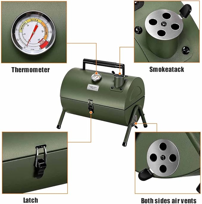 MAISON HUIS Adjustable Portable Charcoal Grill Multi-functional Metal Small BBQ Smoker for Outdoor Hiking Picnic(Green)