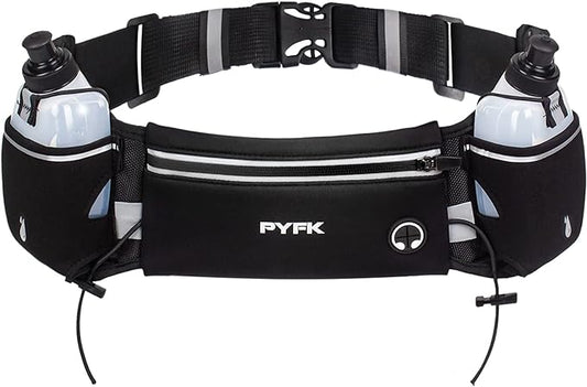 PYFK Upgraded Running Belt with Water Bottles, Hydration Belt for Men and Women, Water Bottle Holder Running Pouch Belt, Fanny Pack Fits 7 inches Phones, Waist pack for Running Hiking Climbing