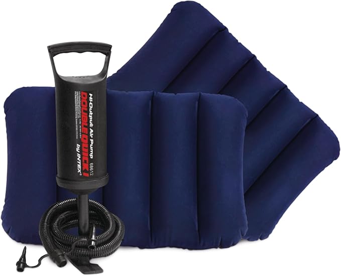 Intex 64765E Dura-Beam Standard Classic Air Mattress with Inflatable Pillows: Fiber-Tech - Queen Size - Hand Pump - 10in Bed Height - 600lb Weight Capacity