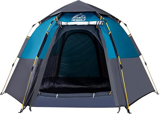 Hewolf 2/3/4 Person Camping Tent - Instant Pop Up Waterproof 2 Doors Tent with Easy Setup | 3-Season Hexagonal Dome Design for Family, Hiking & Traveling