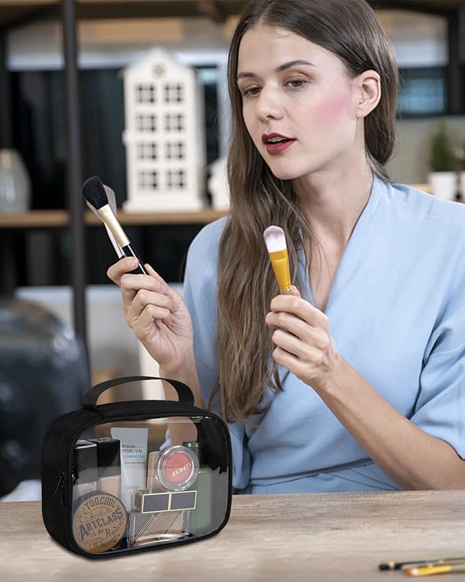 Moyad TSA Approved Clear Toiletry Bag with Handle, 3 Pack Quart Size 3-1-1 Liquids Pouch for Travel, Transparent Makeup & Cosmetic Organizer for Women Men, Black