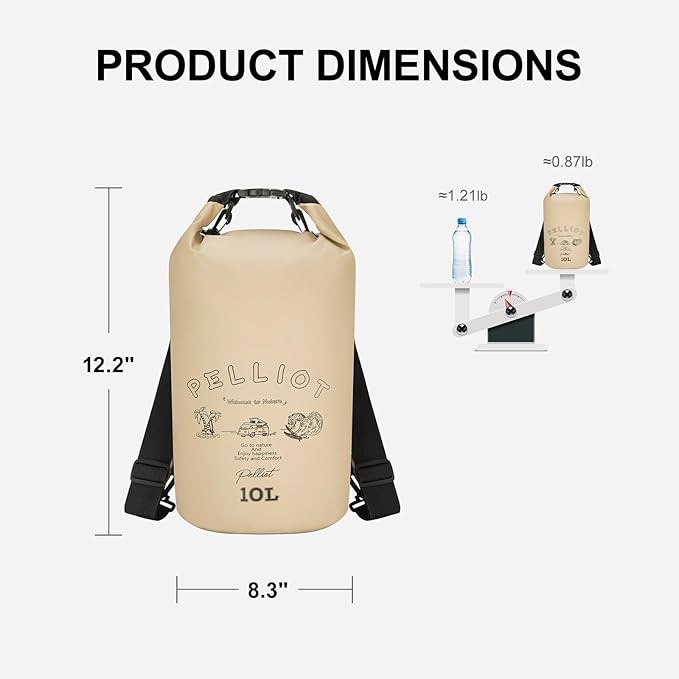 Waterproof Dry Bag 10L Tough & Water-repellent Storage Bag with Adjustable Shoulder Straps Lightweight Portable Backpack Dry Bags for Kayaking Khaki