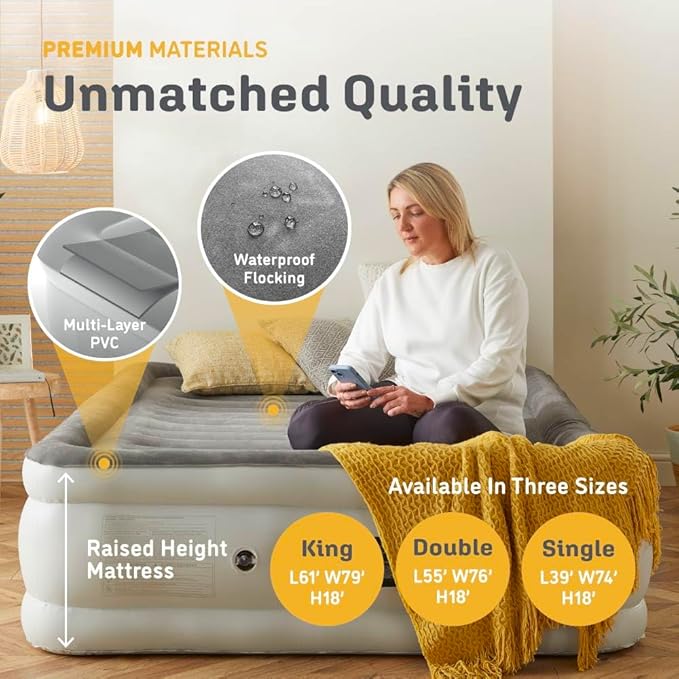 Huddle® Luxury Never Deflate Full Air Bed with Patented Dual Pump SlumberGuard™ Premium Technology | Inflatable Mattress with Built-in Pump | Comfortable Inflatable Mattress