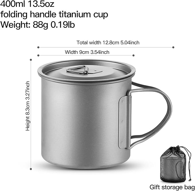 Titanium Camping Mug 400ml/13.5oz Lightweight Titanium Pot with Lid Foldable Handle Tea Cup Coffee for Outdoor Backpacking Hiking Traveling Picnic