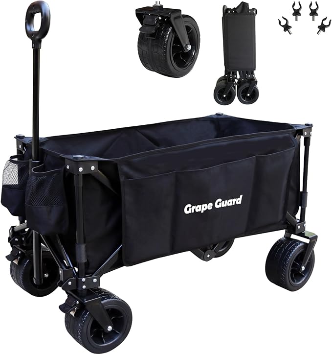 Collapsible Beach Wagon Garden Cart with All-Terrain Big Wheels, 220LBS Heavy Duty Foldable Utility Wagon with Adjustable Handle & Cup Holders, 200L Capacity for Outdoor Camping, Black
