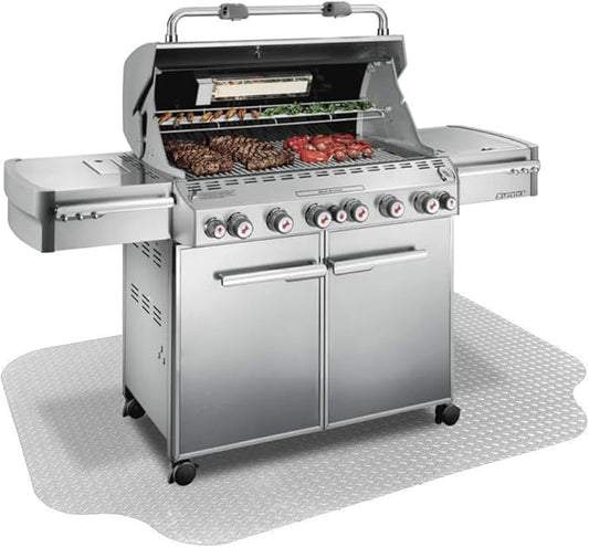 RESILIA Large Under Grill Mat – Heavy Duty, Reusable Outdoor Floor Protector Mats for Deck, Patio, & Garage – 72 Inch x 48 Inch with 12 Inch Splatter Protection Lip, Silver Diamond Plate