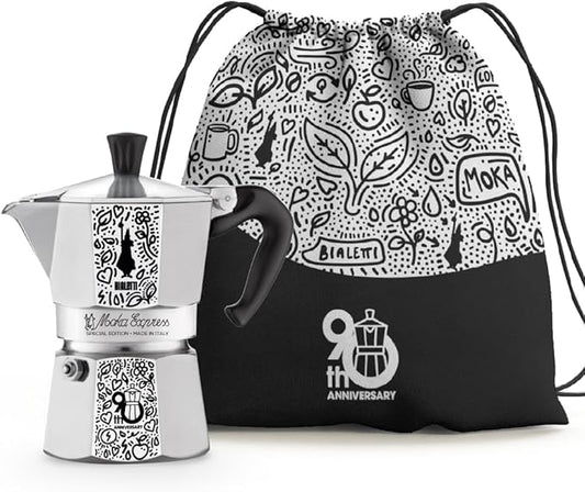 Bialetti Moka Express 90th Anniversary Edition, 3-Cup Stovetop Coffee Maker with Decorative Design, Storage Bag Included