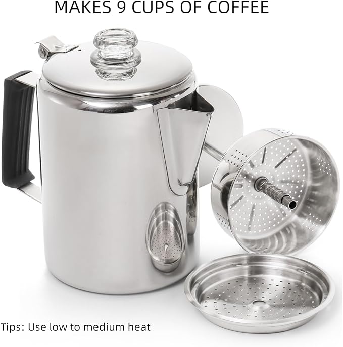 Camping Coffee Pot Stainless Steel, Coffee Pot Outdoors, Durable Stove Top Brew Coffee Maker on Fire, Ideal for Group Camping, Hiking, Backpacking, RV and Travel, 9 Cups
