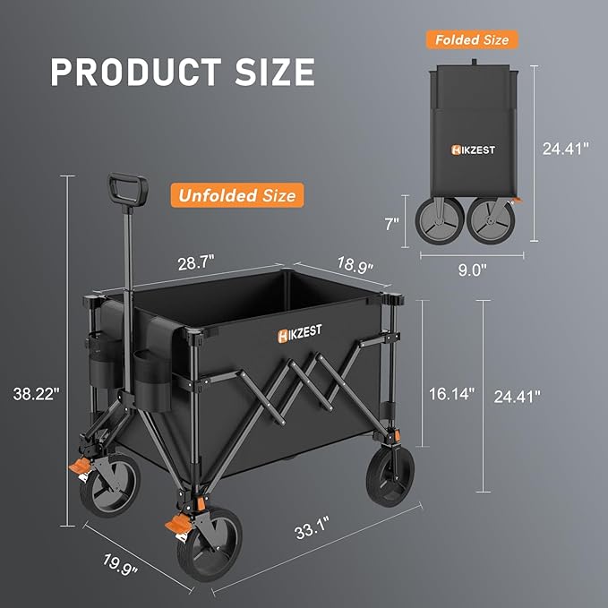 Collapsible Wagon Cart Foldable, 330lbs Load Capacity Heavy Duty Folding Wagons with Wheels, Utility All Terrain Wagon for Groceries, Garden, Sports, Shopping, Black