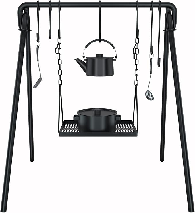 38" Grill Swing Large Campfire Grill Stand w/6 Hooks Cast Iron BBQ Grill Campfire Cooking Stand Cookware Hanging Rack Outdoor Picnic Camping Bonfire Party Barbecue Set for Cookware & Dutch Oven