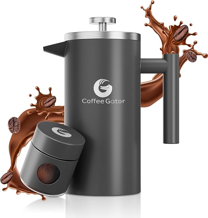Coffee Gator French Press Coffee Maker - 34oz Double Insulated Stainless Steel Brewer plus Travel Jar Canister, Portable Hot Cold Brew Teapot Cafetera for Coffee Bar Accessories Kitchen Camping, Gray
