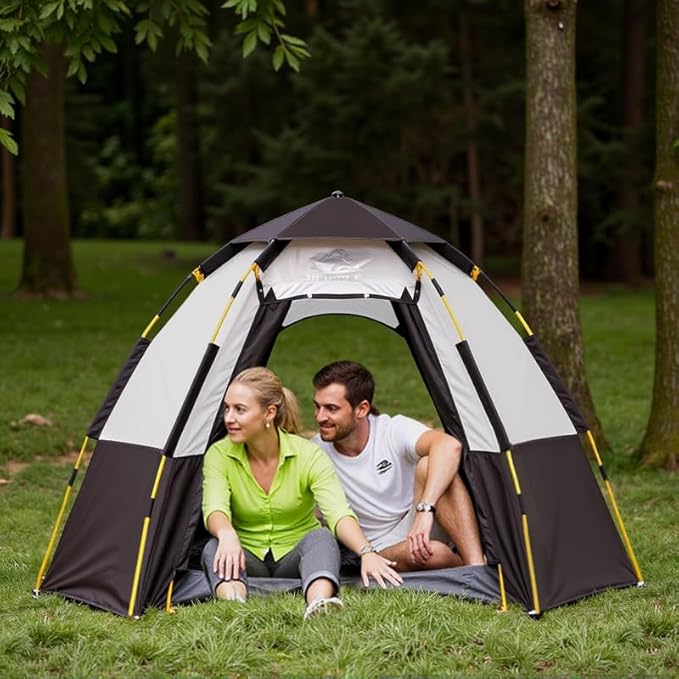 Hewolf 2/3/4 Person Camping Tent - Instant Pop Up Waterproof 2 Doors Tent with Easy Setup | 3-Season Hexagonal Dome Design for Family, Hiking & Traveling